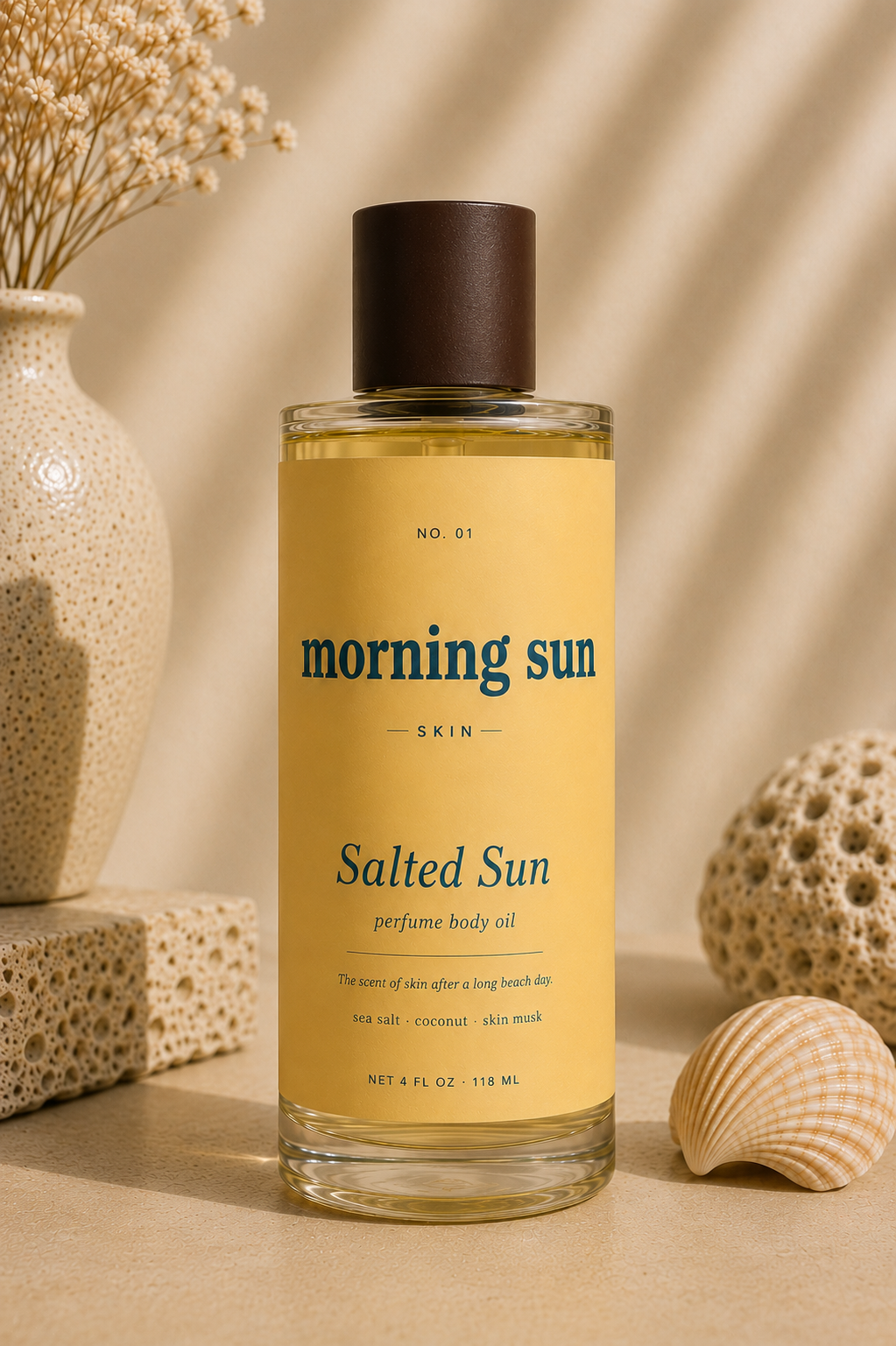 Salted Sun non-toxic perfume body oil bottle with sea salt, coconut, and skin musk — a clean, hormone-safe fragrance by Morning Sun.