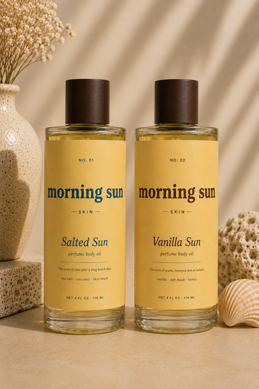 The Pair — Salted Sun and Vanilla Sun non-toxic perfume body oil duo by Morning Sun, hormone-safe and phthalate-free.