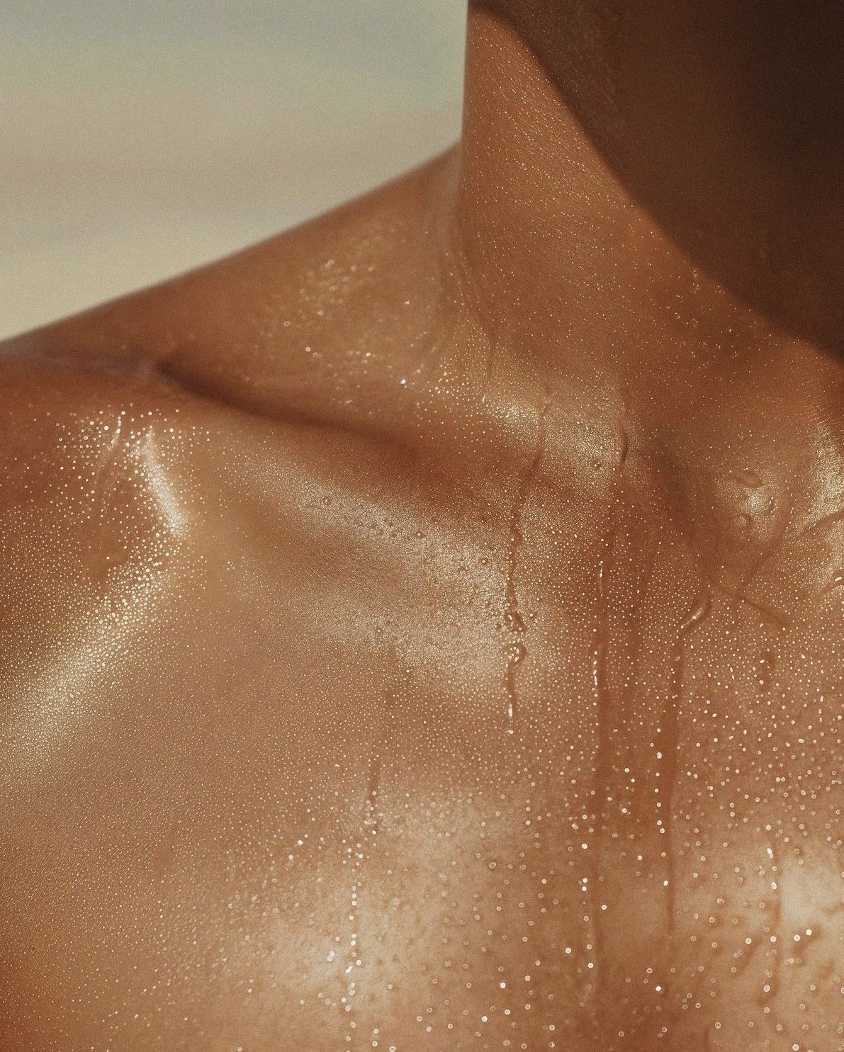 Sun-kissed collarbone and shoulder glowing with Morning Sun perfume body oil