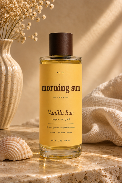 Vanilla Sun non-toxic perfume body oil bottle with vanilla, soft musk, and honey — a clean, hormone-safe fragrance by Morning Sun.