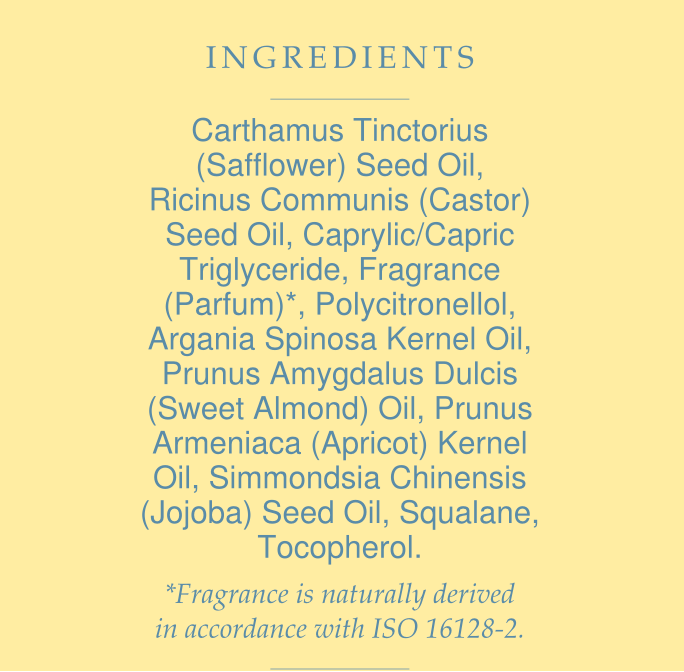 Salted Skin perfume body oil ingredients: safflower, castor, argan, almond, jojoba oils and naturally derived fragrance