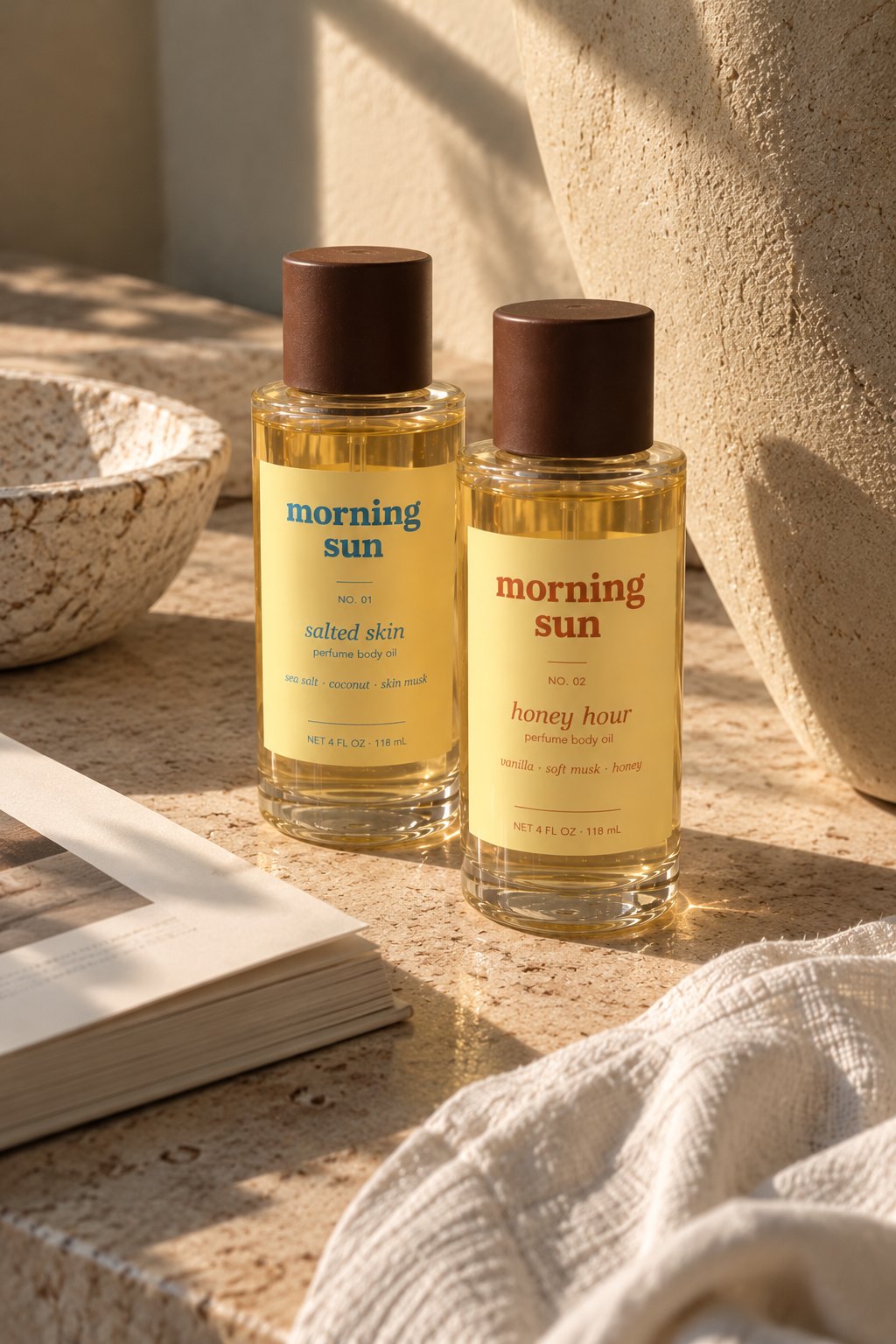 Salted Skin and Honey Hour perfume body oils on a stone vanity in warm morning light, with linen and a ceramic bowl